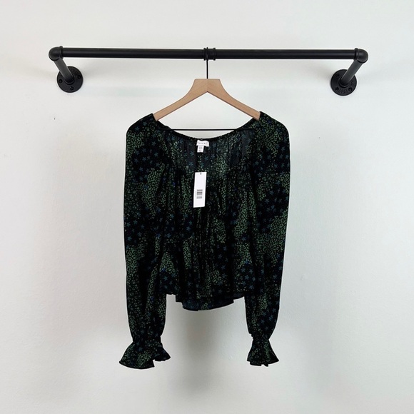NWT Topshop Mixed Print Tie Front Flyaway Top Black/Green/Blue - Picture 5 of 8